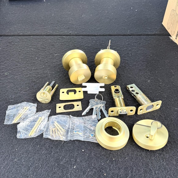 Mega Handles Buena Entry Combo Satin Brass Door Knob Deadbolt Lock Set Keys - Picture 11 of 13